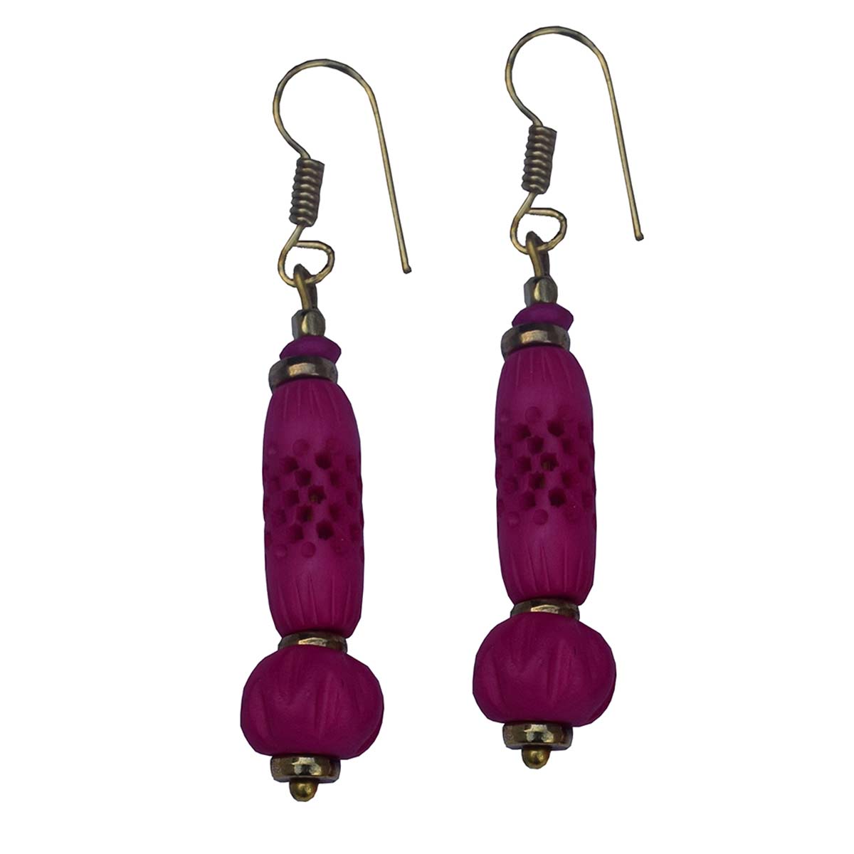 Earrings in Bulk – Pair of Earrings – Fuchsia Pink – Hand-Carved in Bone – Brass – Wholesale Jewelry